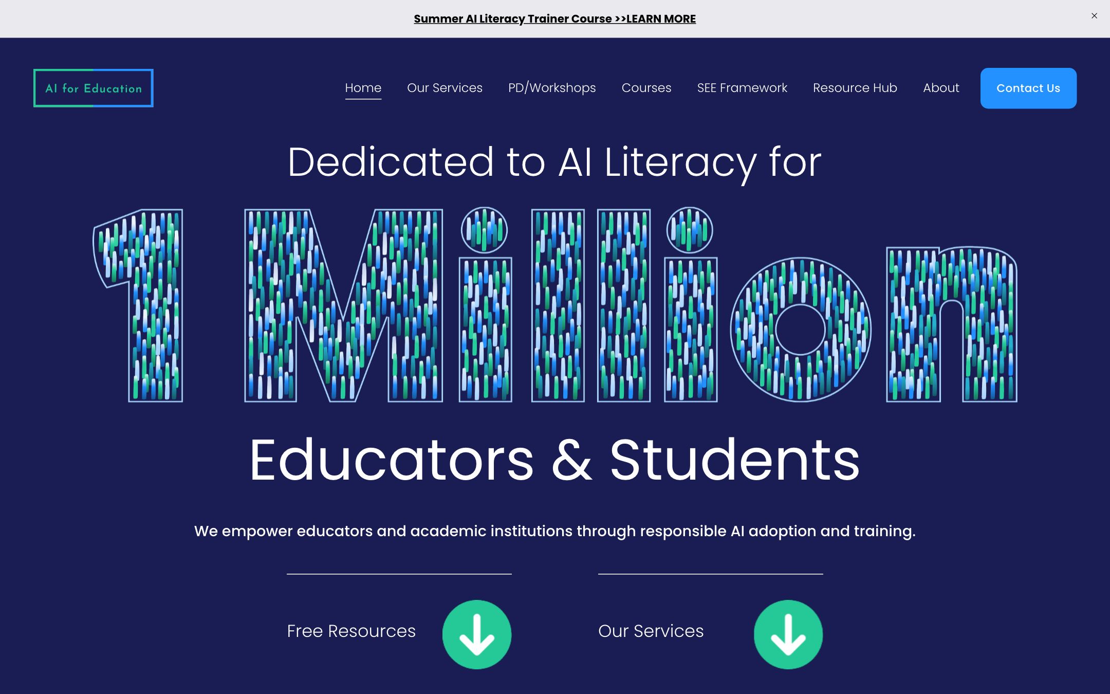 AI for Education homepage banner highlighting AI Literacy Training, AI Policy Development and AI Adoption Strategy as the three service lines.