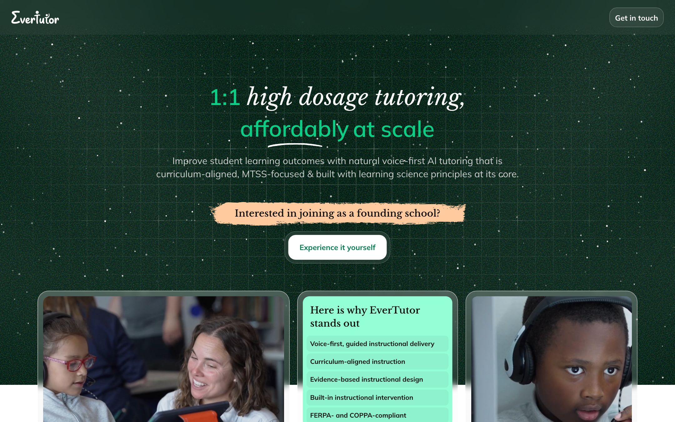 EverTutor AI student-facing chat showing an algebra problem walkthrough with step-by-step hints, beside a teacher dashboard previewing student engagement metrics.