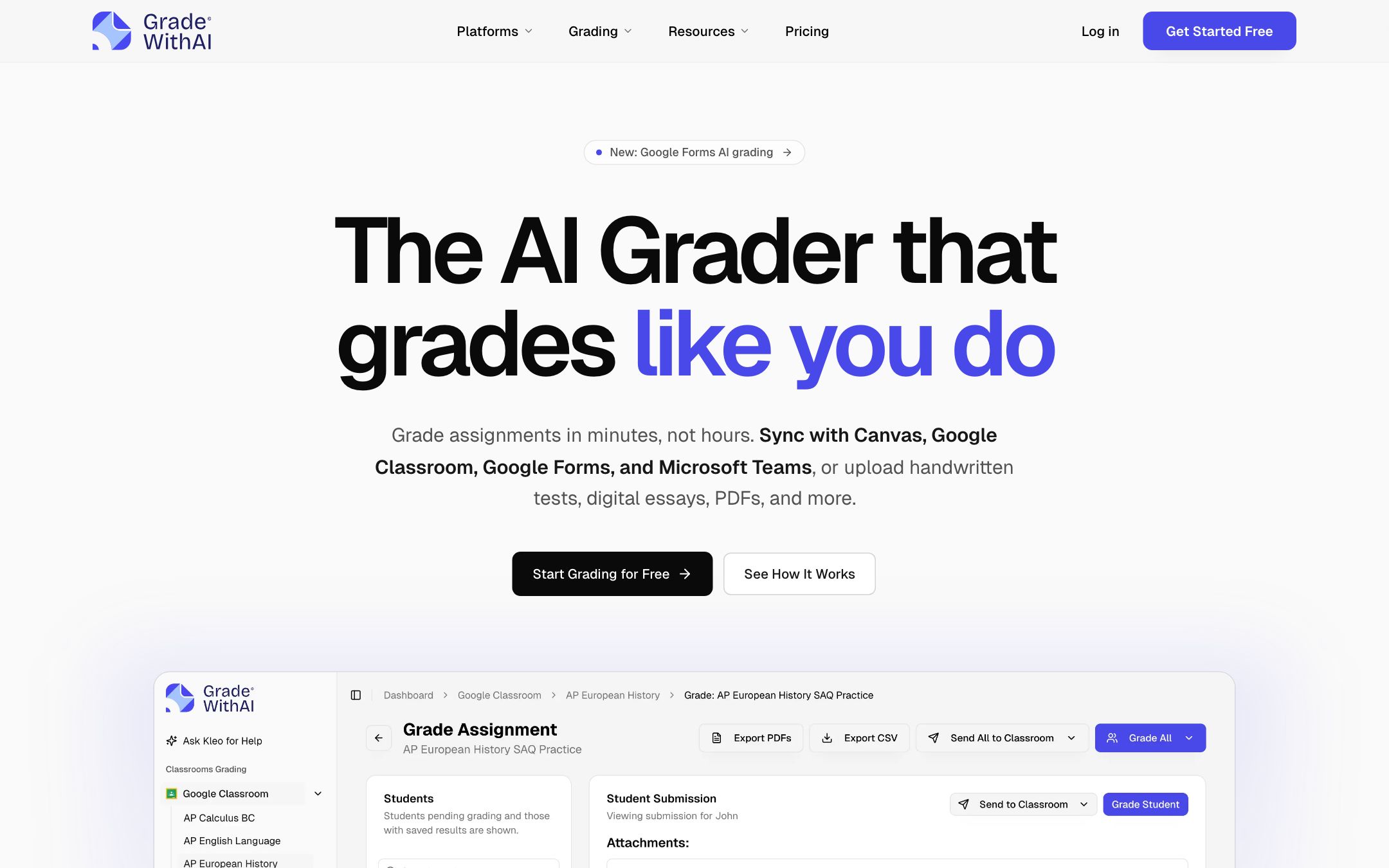 GradeWithAI 仪表盘展示一组按量表自动批改的 Canvas 作文，每个评分维度都有反馈，可一键回写到 SpeedGrader。