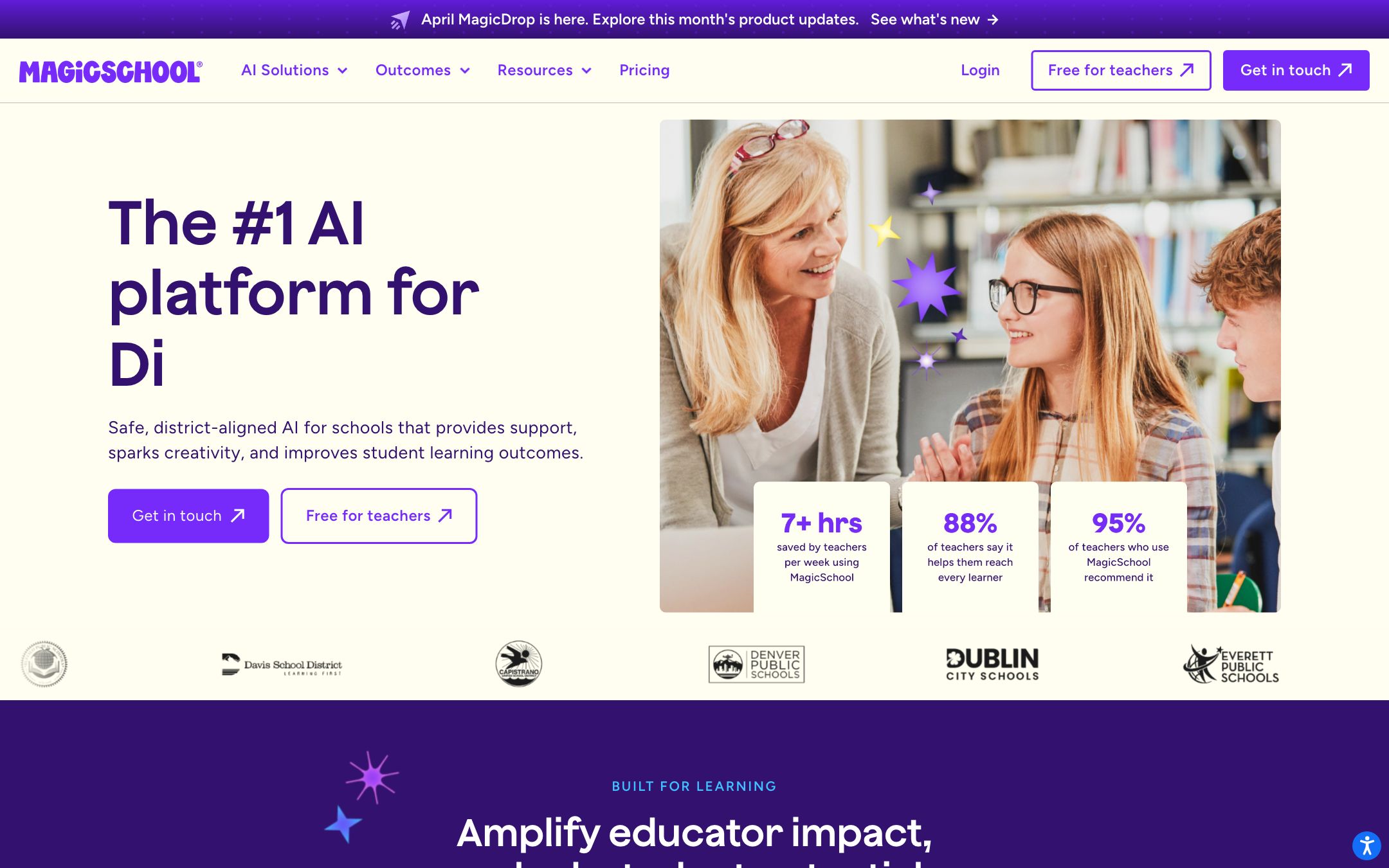 MagicSchool 仪表盘展示 80+ 工具网格——教案、量表、IEP、家长邮件等。