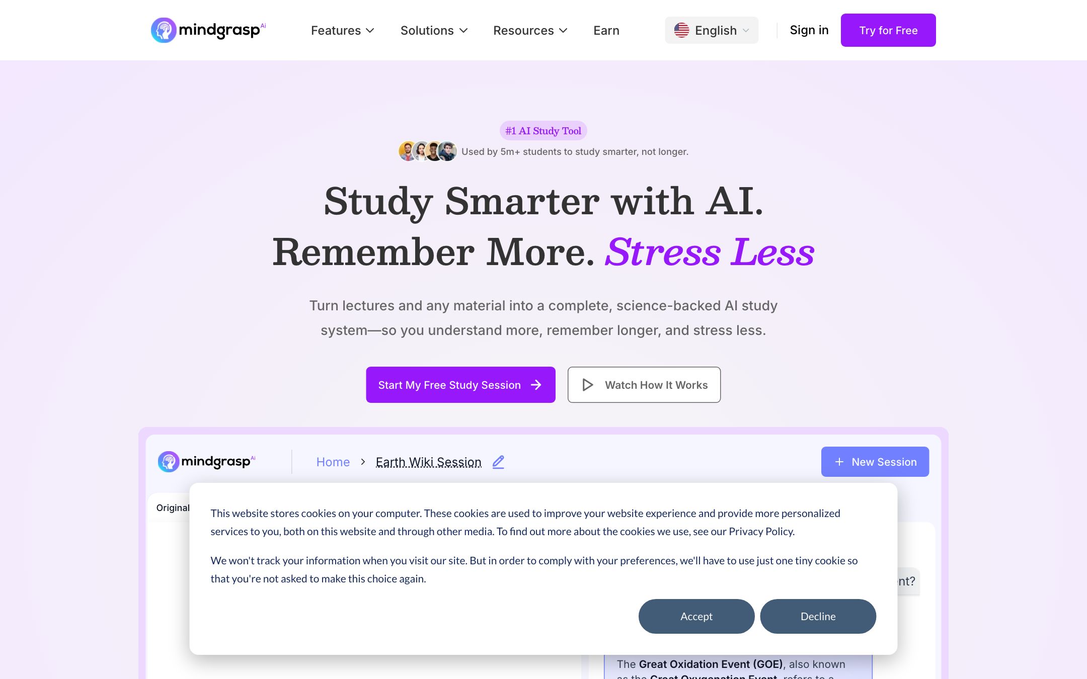 Mindgrasp study session showing one uploaded PDF transformed into structured notes, 50 flashcards, a 20-question quiz, and an open AI Tutor chat panel.