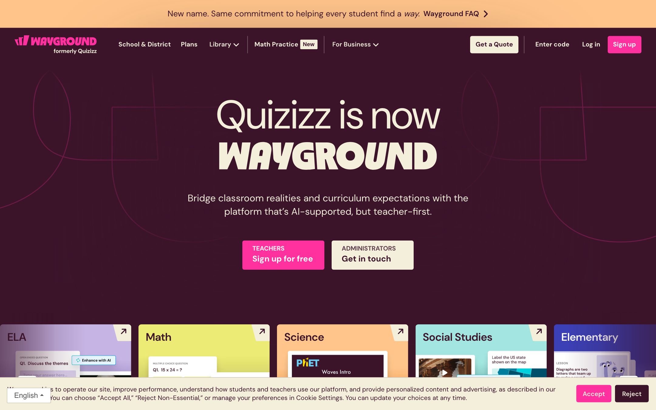Wayground AI generator producing a 15-question quiz on photosynthesis from a one-line topic prompt, with reading-level Adapt controls in the sidebar.