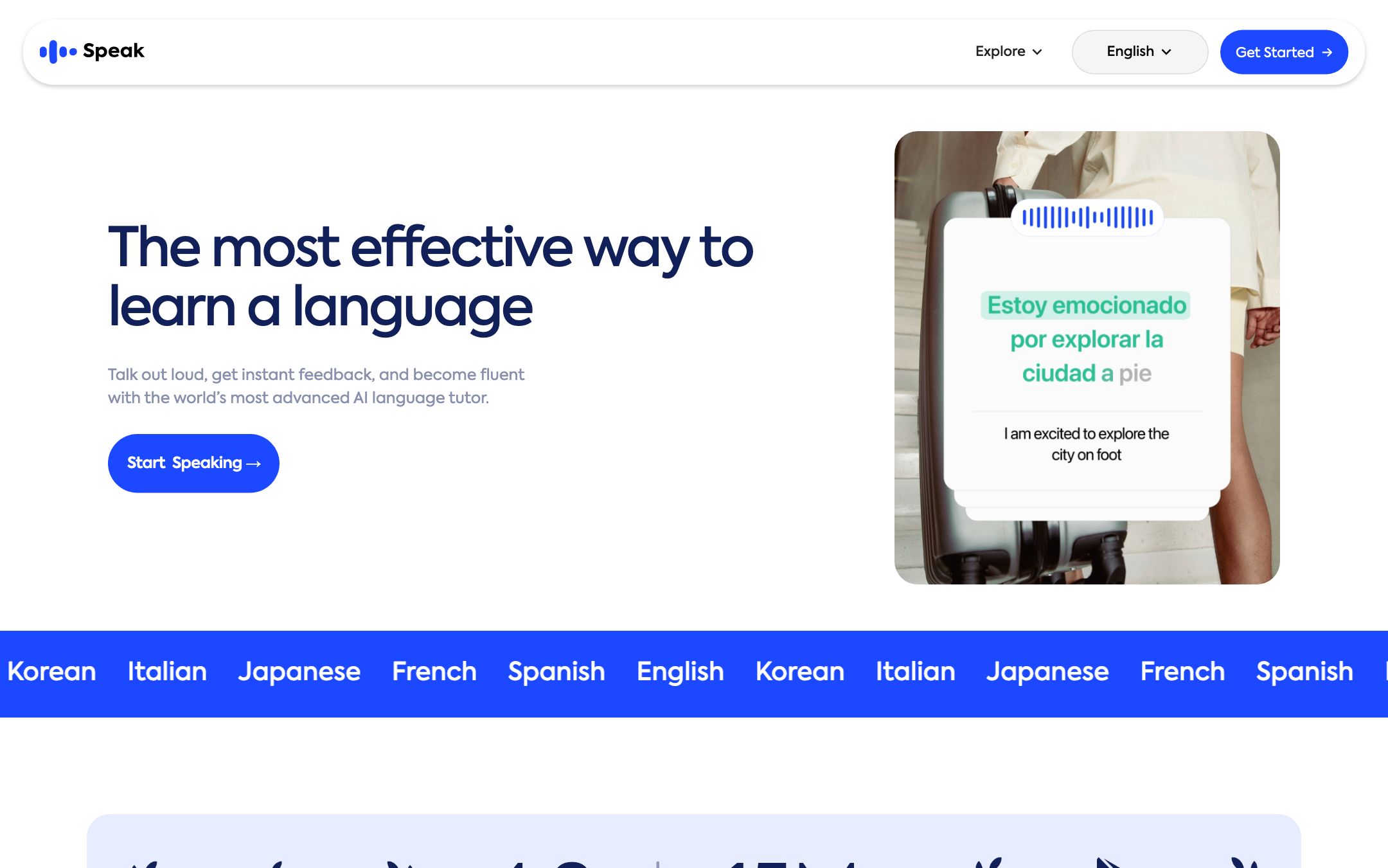 Speak Tutor AI conversation in progress on iPhone — learner sees their just-spoken Spanish sentence transcribed with a corrected version below.